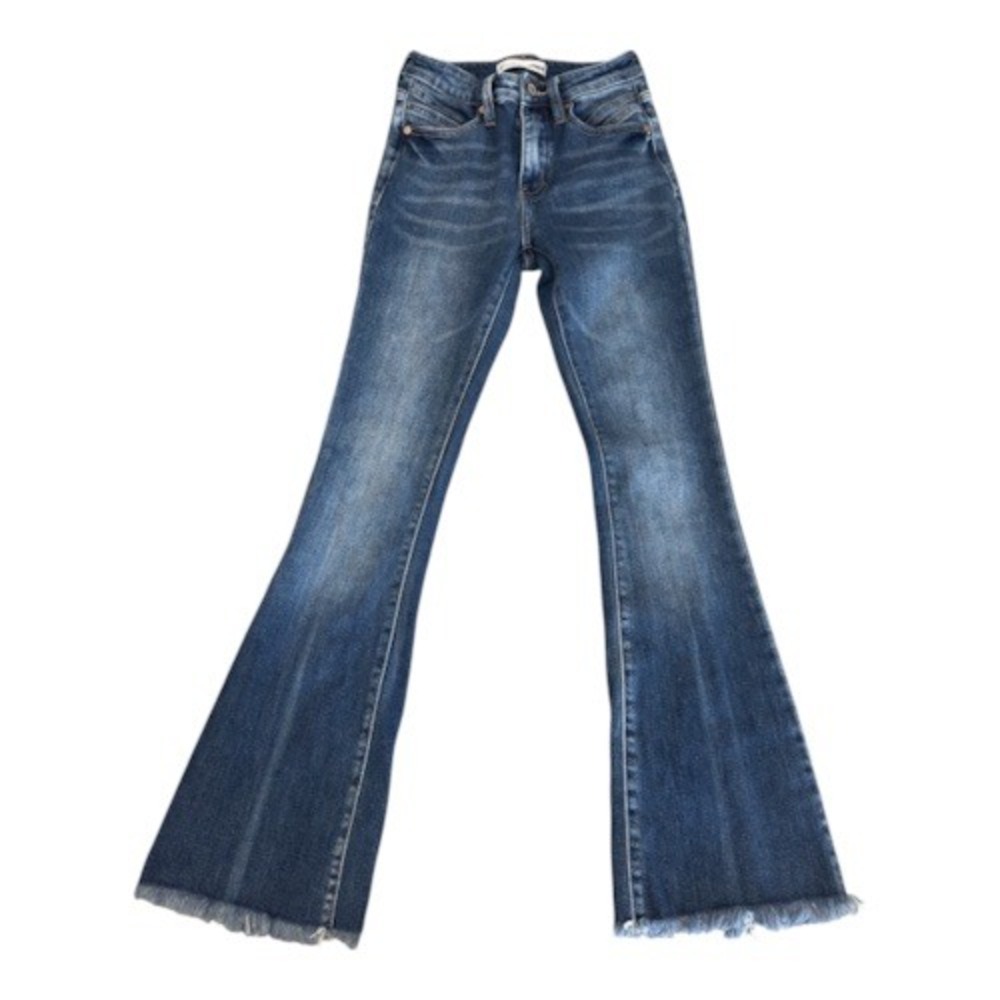 KanCan High Rise Flare Jeans Medium Wash Raw Hem Size 23 00